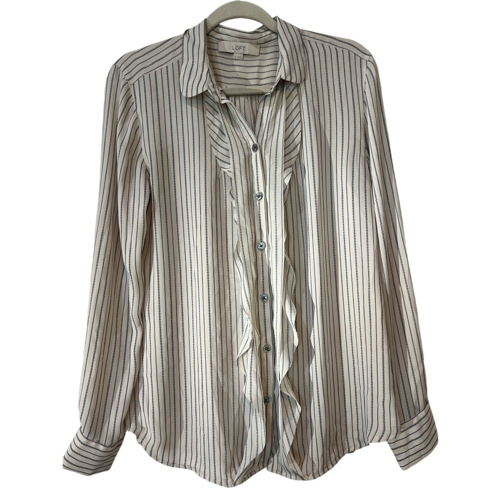 LOFT Pinstriped Ruffle Front Button Down Blouse-MEDIUM